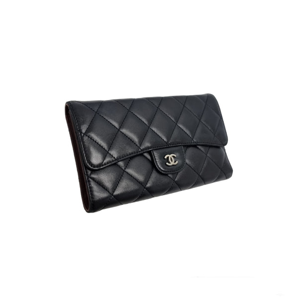 Chanel Trifold Wallet Long Lambskin Shw (Black)