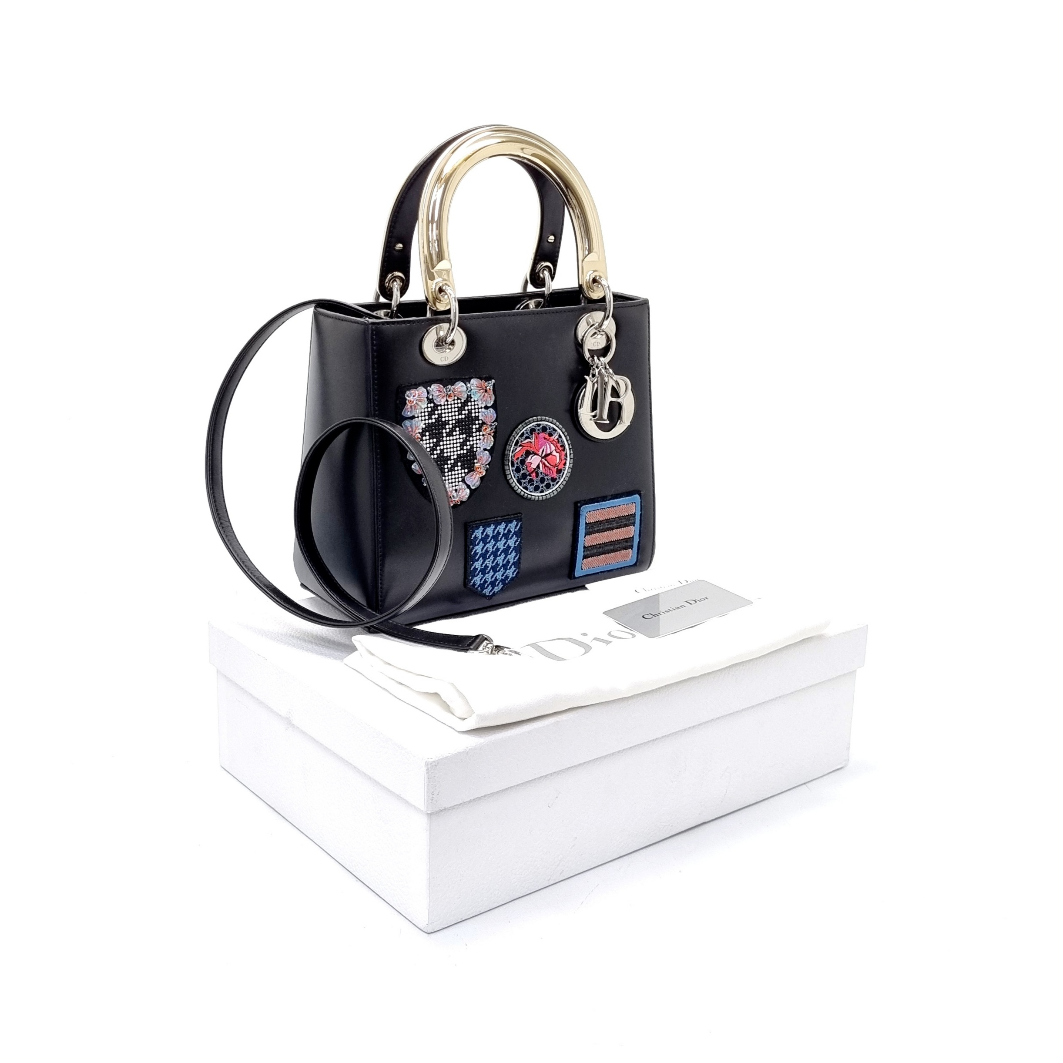 Christian Dior Lady Dior Medium Cannage Lambskin Patch Embellished Shw (Black)