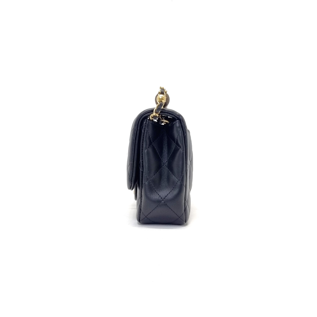 Small flap bag with top handle, Lambskin & wenge wood, black — Fashion