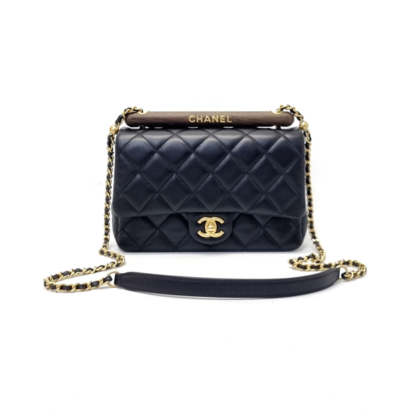 Chanel Small Flap Bag With Wenge Wood Top Handle Lambskin Ghw (Black)