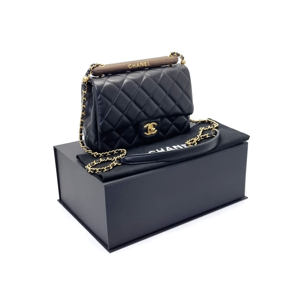 Chanel Small Flap Bag With Wenge Wood Top Handle Lambskin Ghw (Black)