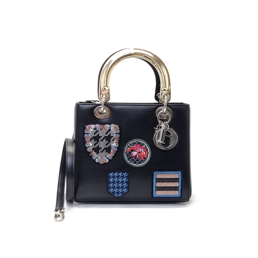 Christian Dior Lady Dior Medium Cannage Lambskin Patch Embellished Shw (Black)