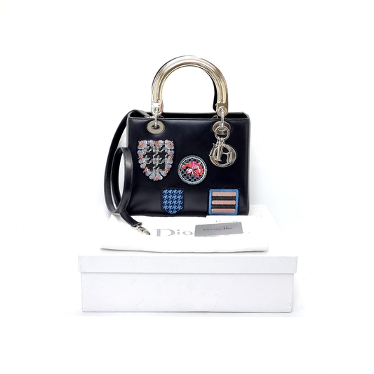 Christian Dior Lady Dior Patch Embellished Leather Medium Tote Bag Shw (Black)