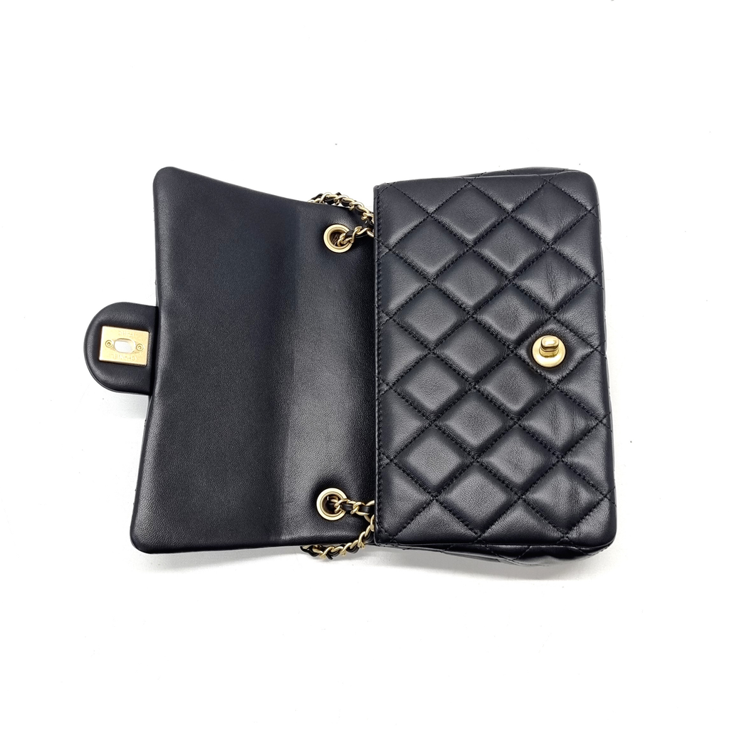 Small flap bag with top handle, Lambskin & wenge wood, black