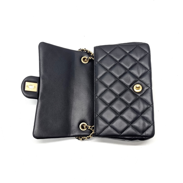 Chanel Small Flap Bag With Wenge Wood Top Handle Lambskin Ghw (Black)