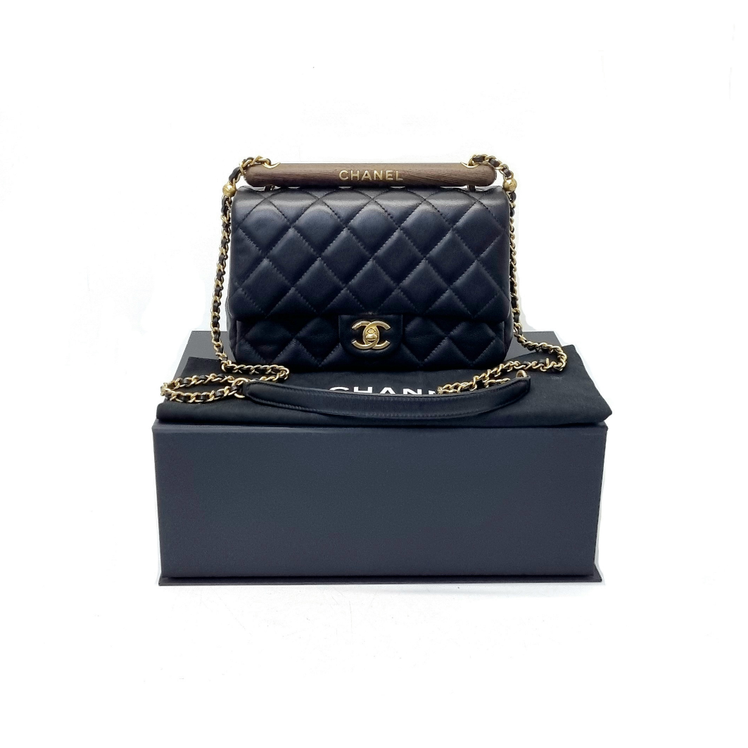 Chanel Small Flap Bag With Wenge Wood Top Handle Lambskin Ghw (Black)