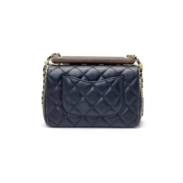 Chanel Small Flap Bag With Wenge Wood Top Handle Lambskin Ghw (Black)