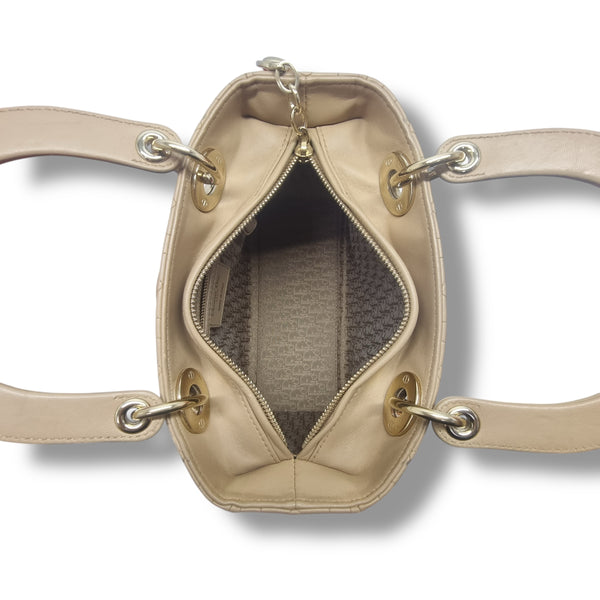 Christian Dior Lady Dior Medium Cannage Lambskin Ghw (Powder Beige)