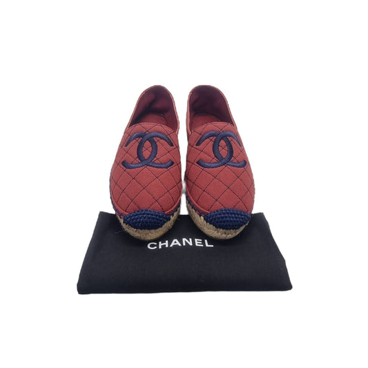 Chanel CC Canvas Quilted Espadrilles Flat Shoes (Burgundy/Navy Blue)
