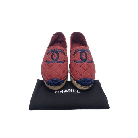 Chanel CC Canvas Quilted Espadrilles Flat Shoes (Burgundy/Navy Blue)