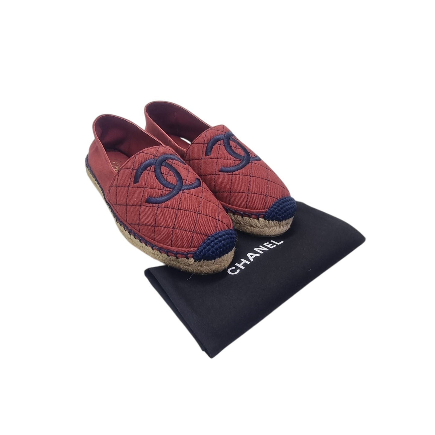 Chanel CC Canvas Quilted Espadrilles Flat Shoes (Burgundy/Navy Blue)