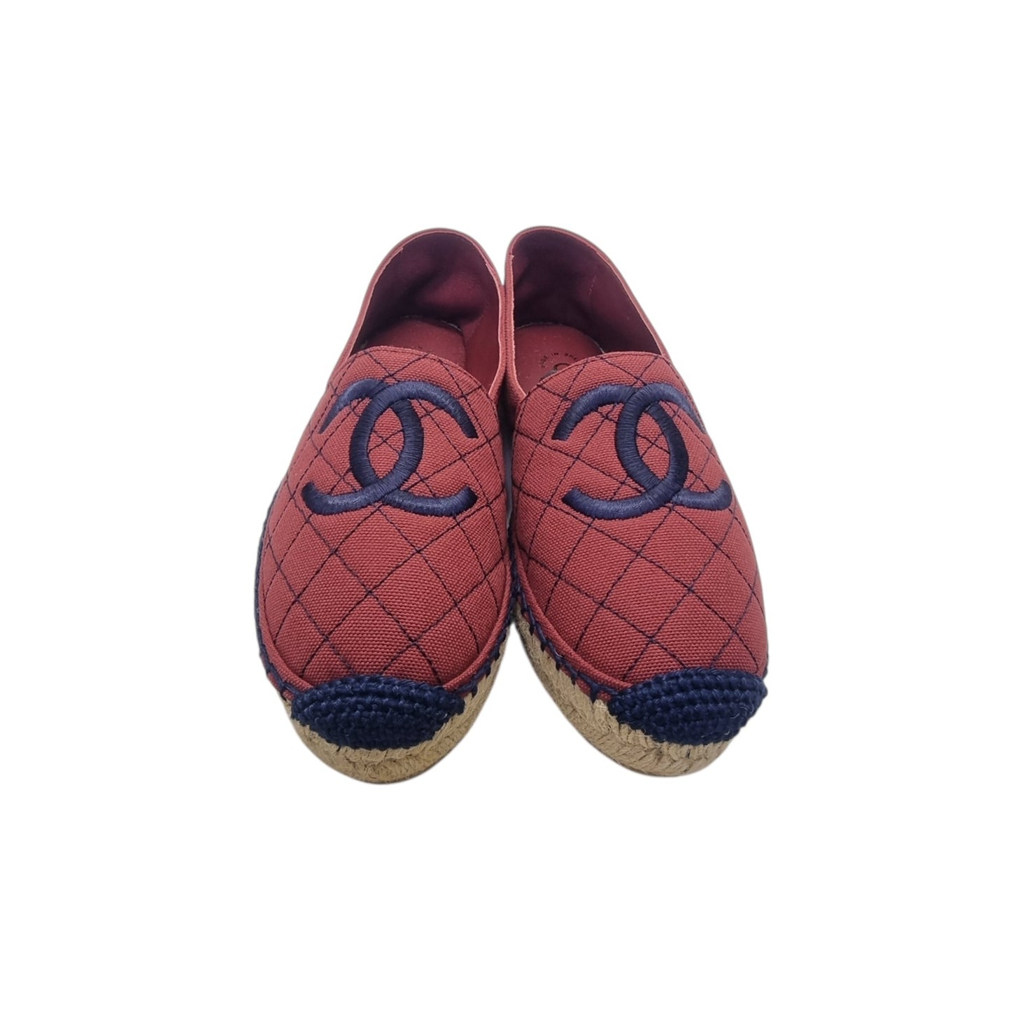 Chanel CC Canvas Quilted Espadrilles Flat Shoes (Burgundy/Navy Blue)
