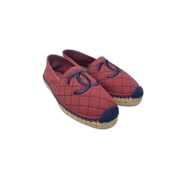 Chanel CC Canvas Quilted Espadrilles Flat Shoes (Burgundy/Navy Blue)