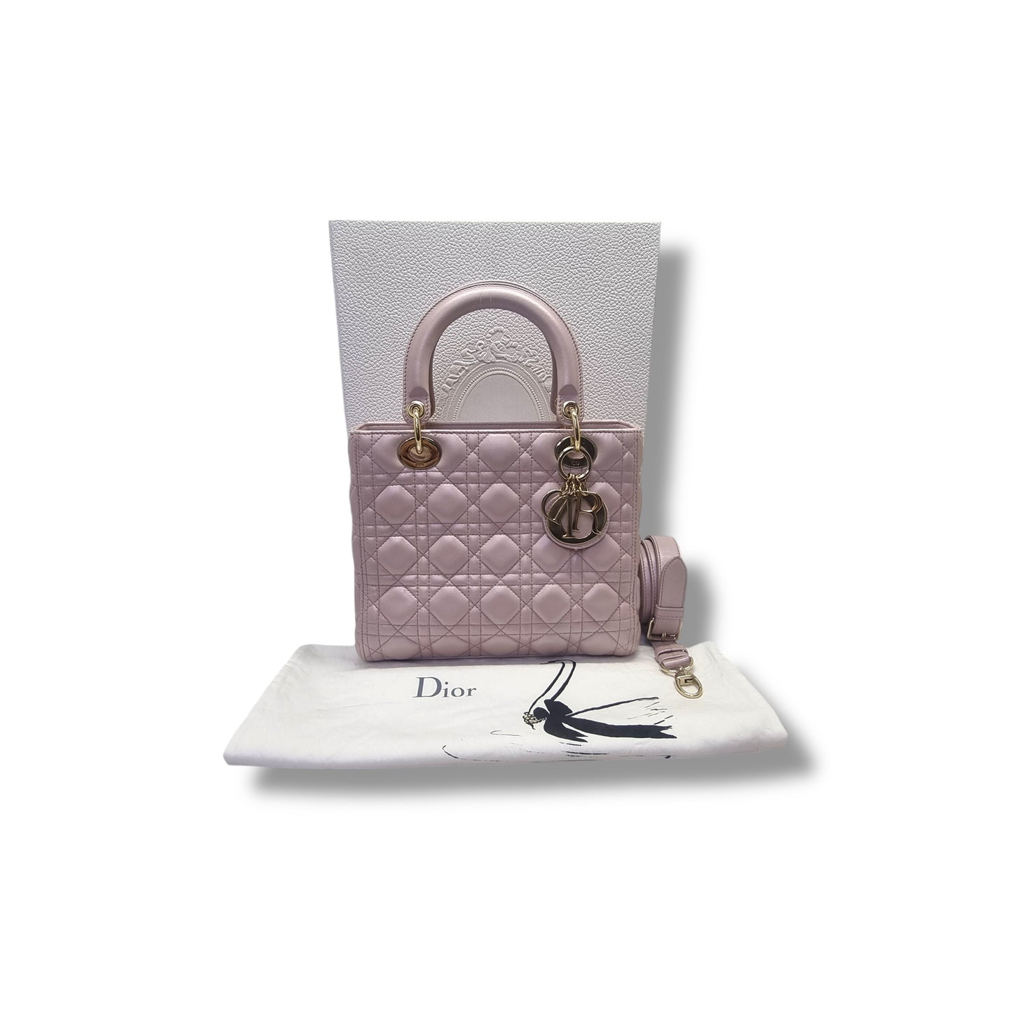 Christian Dior Lady Dior Medium Cannage Lambskin Ghw (Pearlescent Pink)