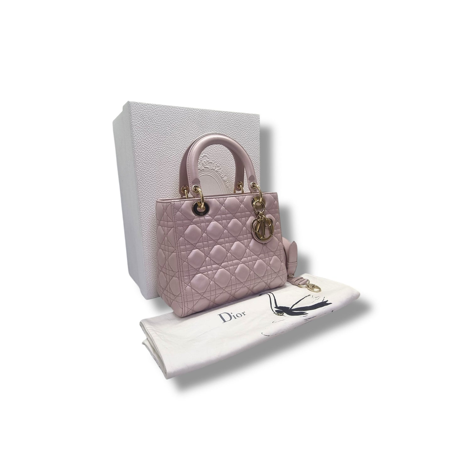 Christian Dior Lady Dior Medium Cannage Lambskin Ghw (Pearlescent Pink)