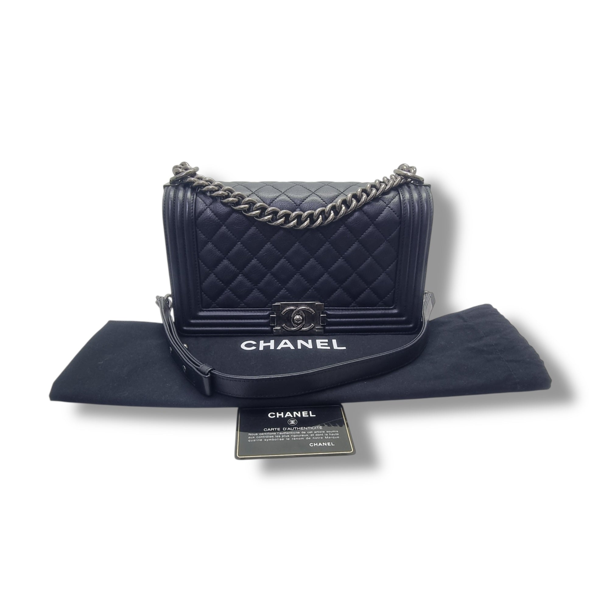 Chanel Boy Old Medium Calfskin Ruthenium Hw (Black)