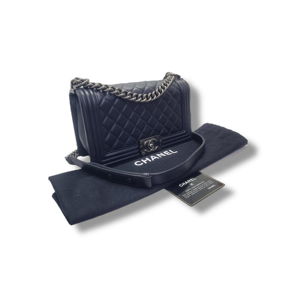 Chanel Boy Old Medium Calfskin Ruthenium Hw (Black)