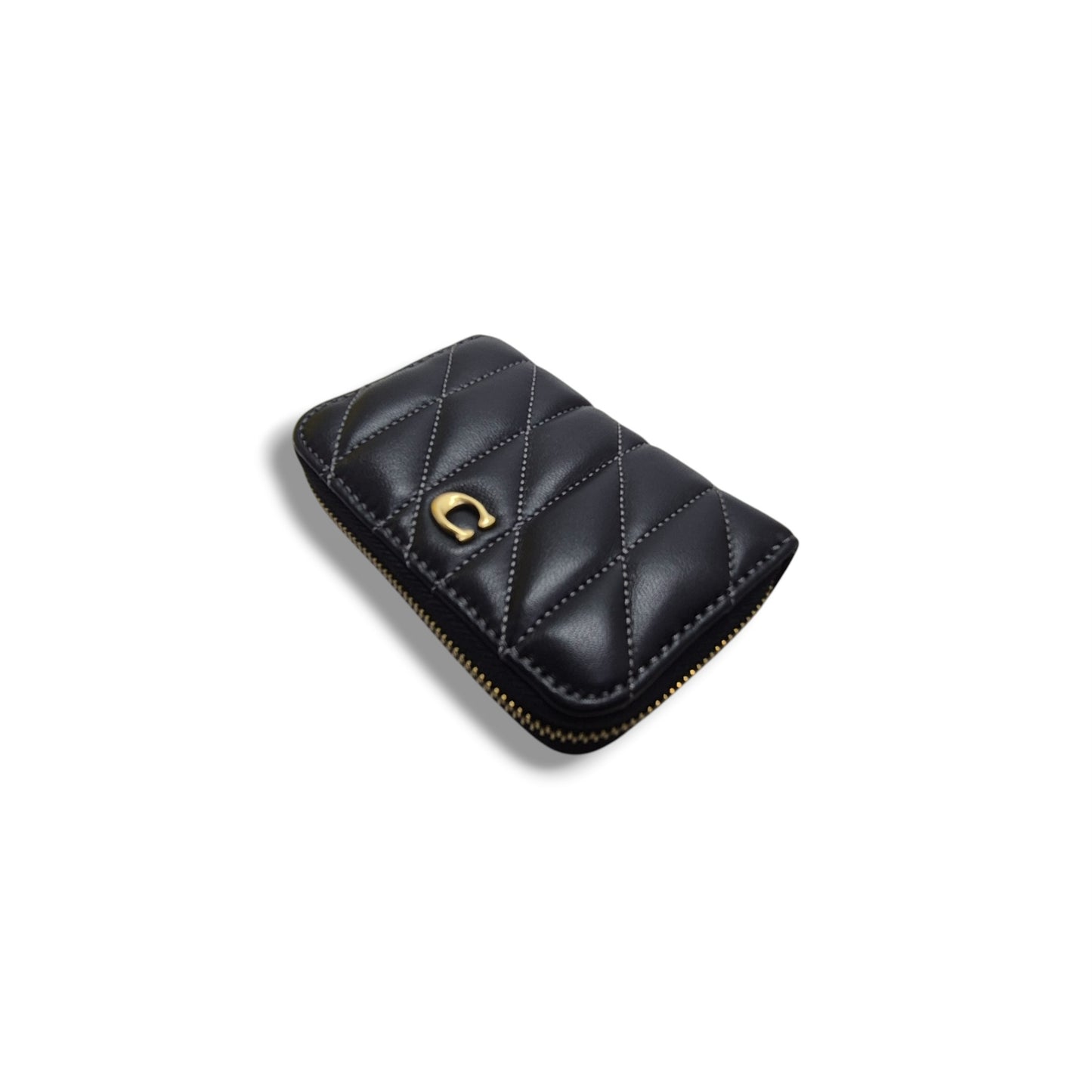 Coach Essential Small Zip Around Card Case With Quilting Ghw (Black)