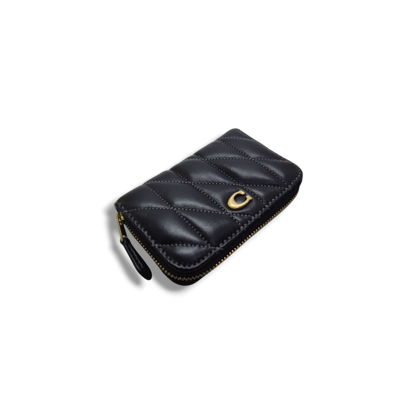 Coach Essential Small Zip Around Card Case With Quilting Ghw (Black)