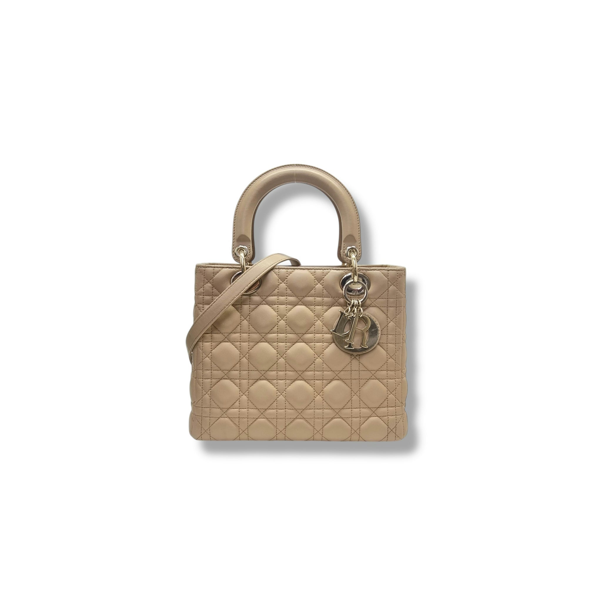 Christian Dior Lady Dior Medium Cannage Lambskin Ghw (Powder Beige)