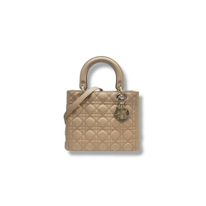 Christian Dior Lady Dior Medium Cannage Lambskin Ghw (Powder Beige)