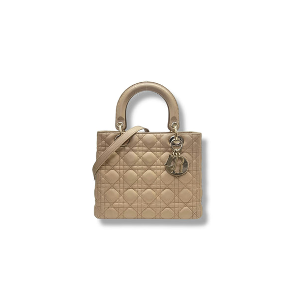 Christian Dior Lady Dior Medium Cannage Lambskin Ghw (Powder Beige)