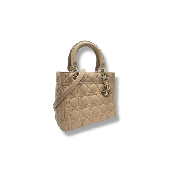 Christian Dior Lady Dior Medium Cannage Lambskin Ghw (Powder Beige)