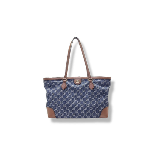 Gucci GG Ophidia Medium Jacquard Denim & Leather Shoulder Bag Ghw (Blue/Brown)