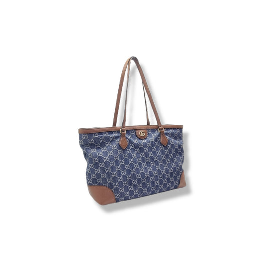 Gucci GG Ophidia Medium Jacquard Denim & Leather Shoulder Bag Ghw (Blue/Brown)