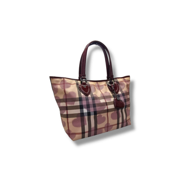 Burberry Nova Check Heart Print Canvas Shoulder Bag Rhw (Red)