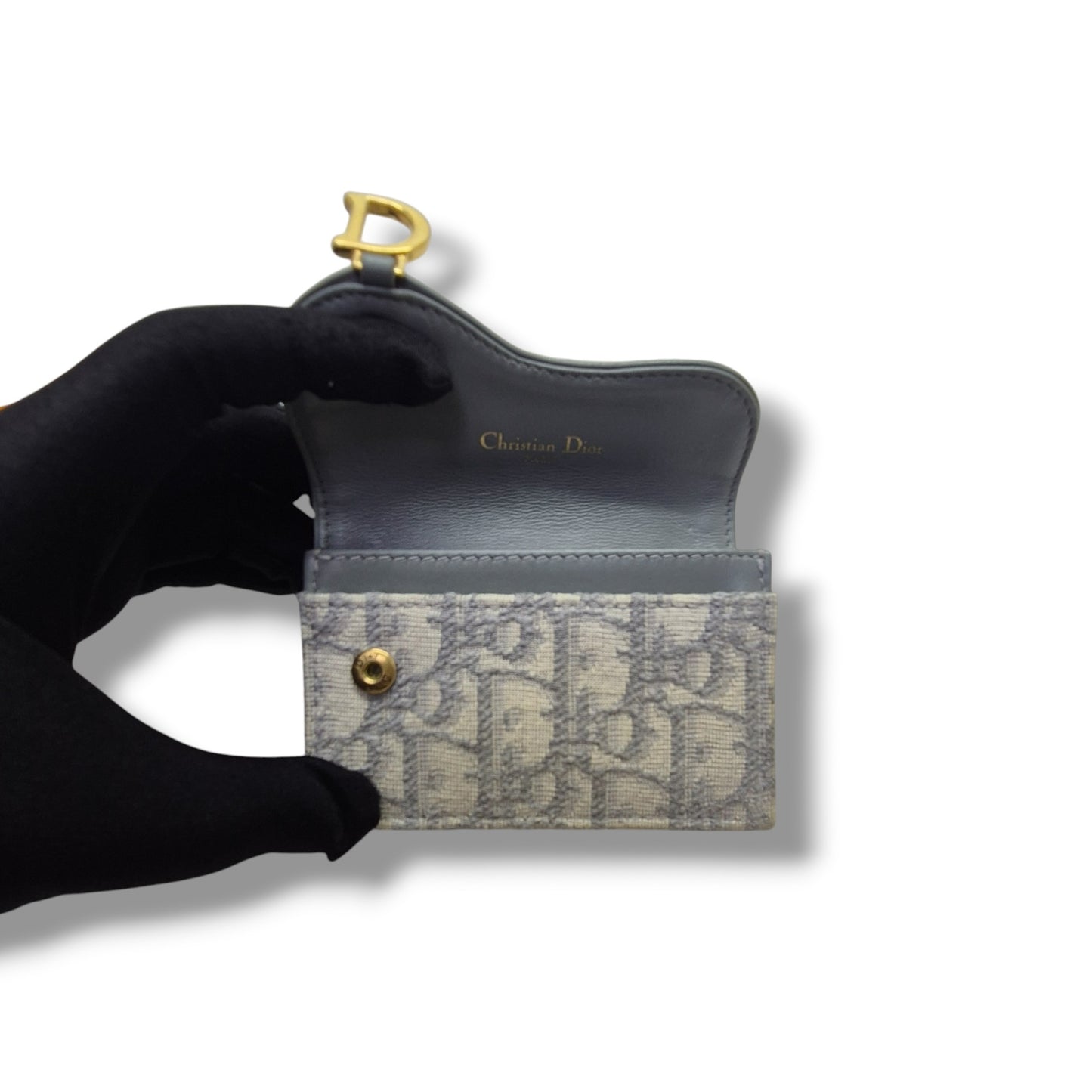 Christian Dior Saddle Bloom Card Holder Ghw (Grey Oblique Jacquard)