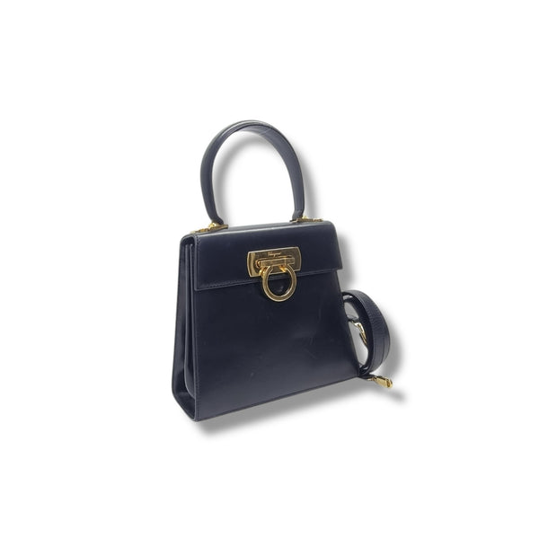 Salvatore Ferragamo Iconic Gancini Leather Tote Black Ghw