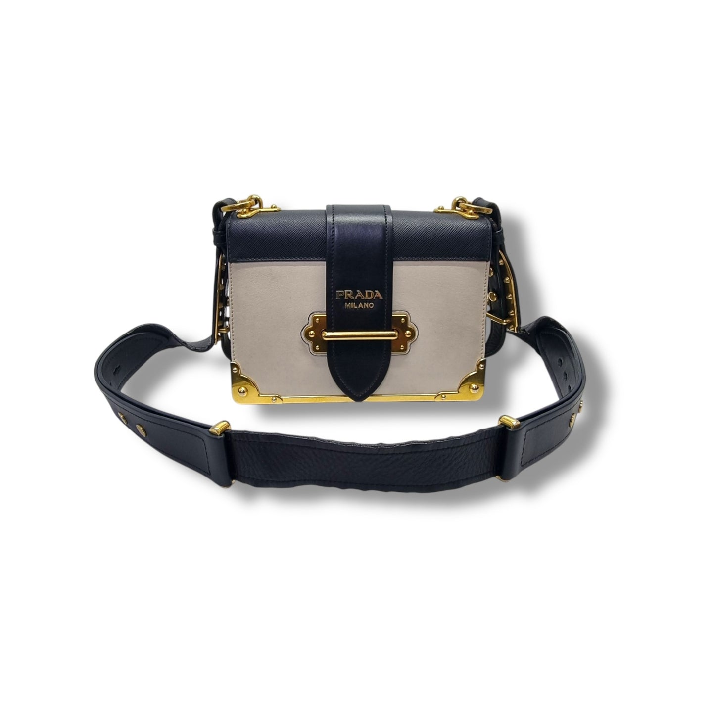 Prada 1BD045 City Calf Saffiano Cahier Crossbody Ghw (White/Black)