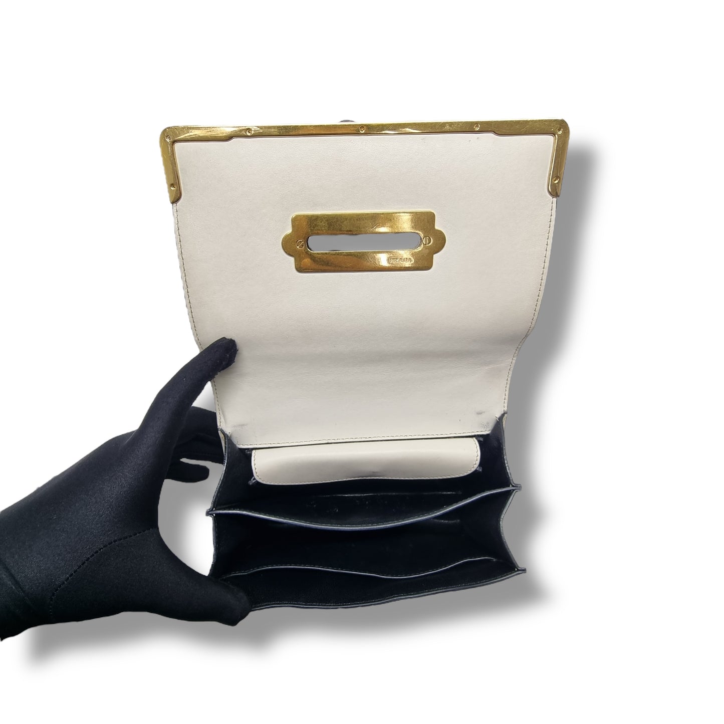 Prada 1BD045 City Calf Saffiano Cahier Crossbody Ghw (White/Black)