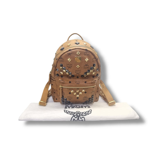 MCM Backpack Stack Studs Visetos Coated Canvas Leather Medium Ghw ( Brown)