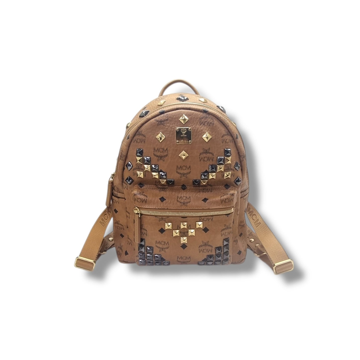 MCM Backpack Stack Studs Visetos Coated Canvas Leather Medium Ghw ( Brown)