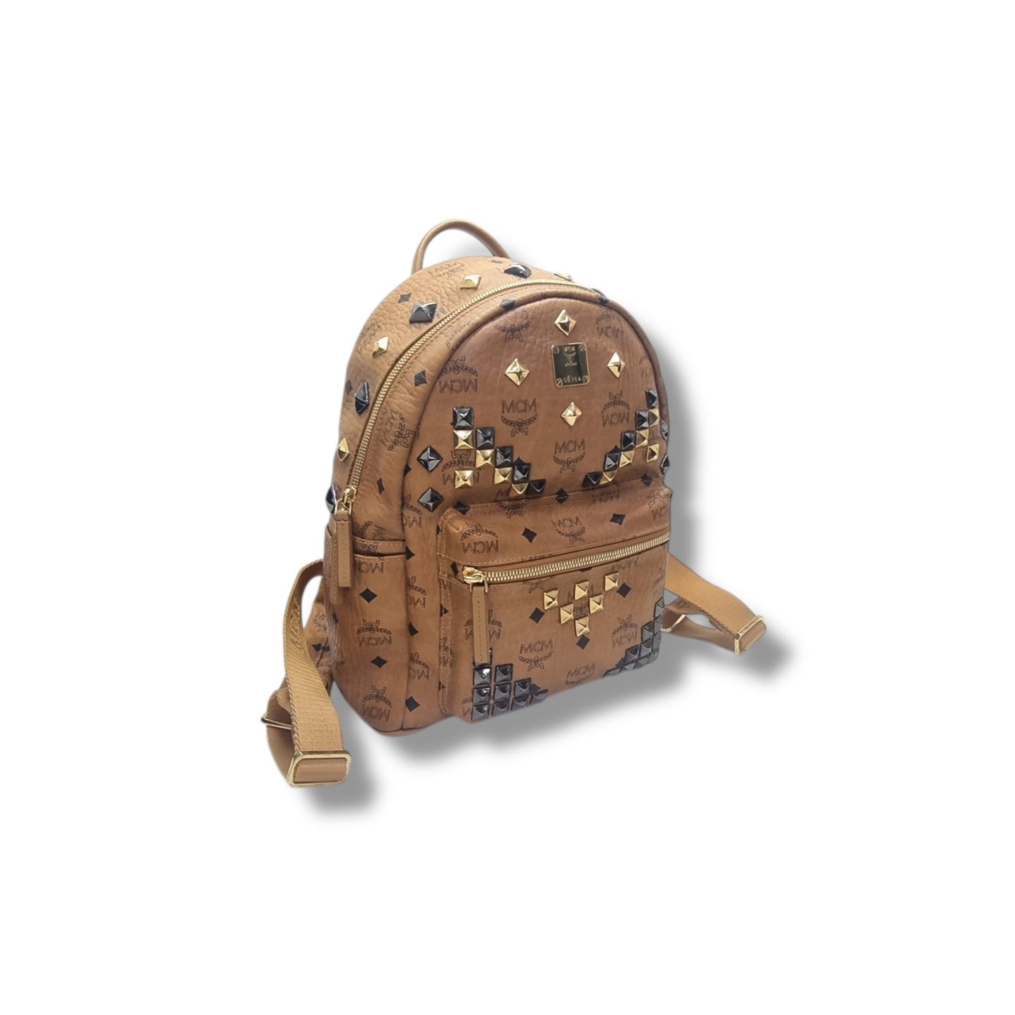 MCM Backpack Stack Studs Visetos Coated Canvas Leather Medium Ghw ( Brown)