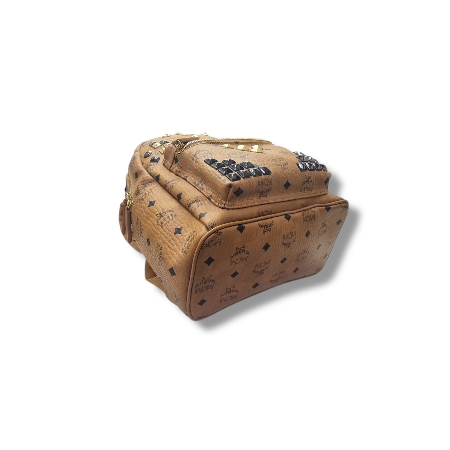 MCM Backpack Stack Studs Visetos Coated Canvas Leather Medium Ghw ( Brown)