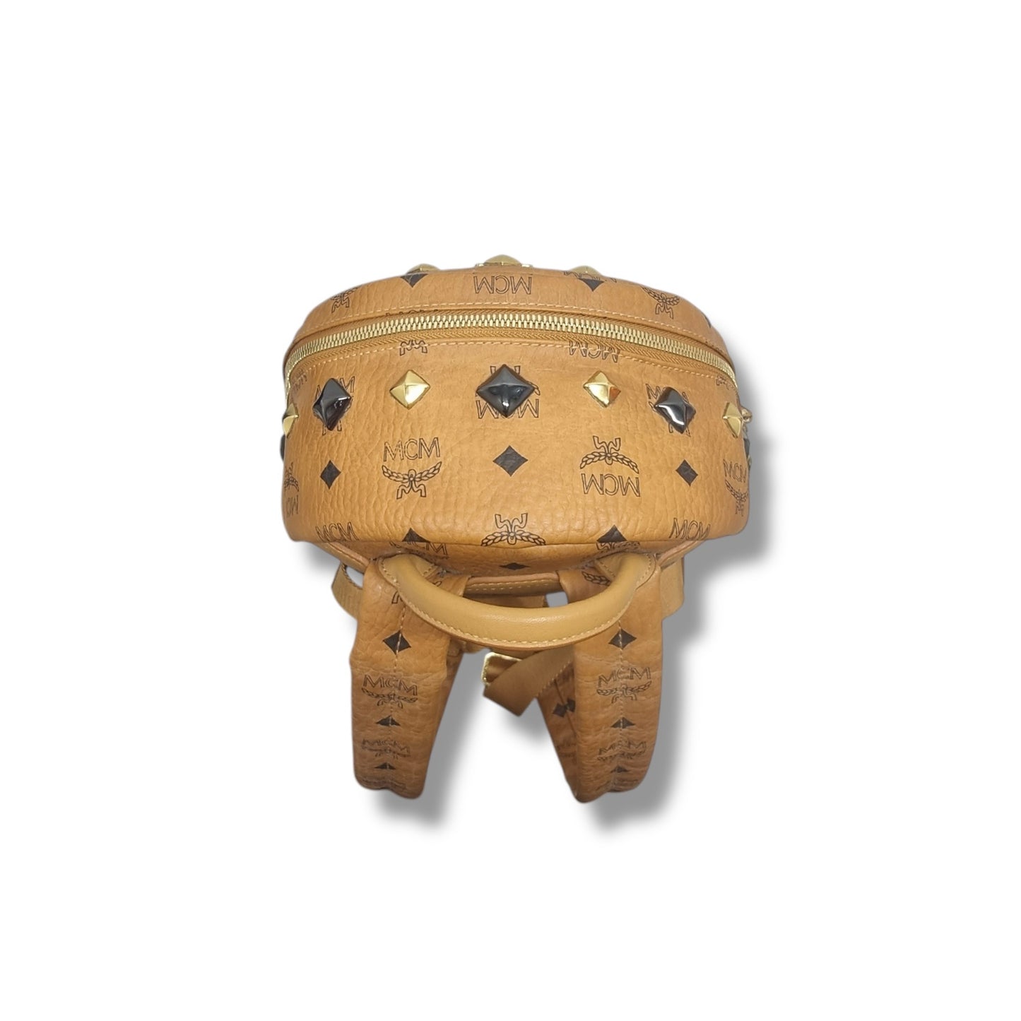 MCM Backpack Stack Studs Visetos Coated Canvas Leather Medium Ghw ( Brown)