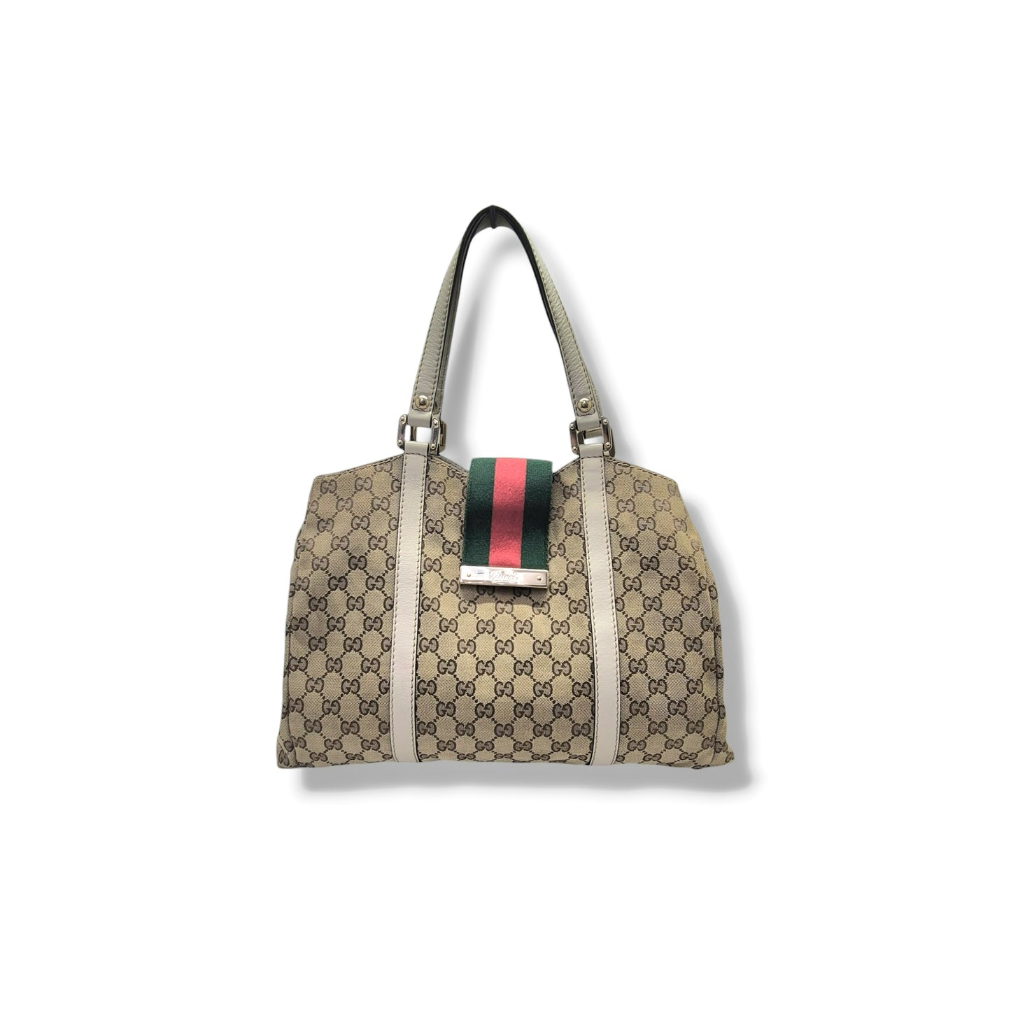 Gucci GG Canvas Sherry Line Shoulder Bag Ghw (Beige/White)