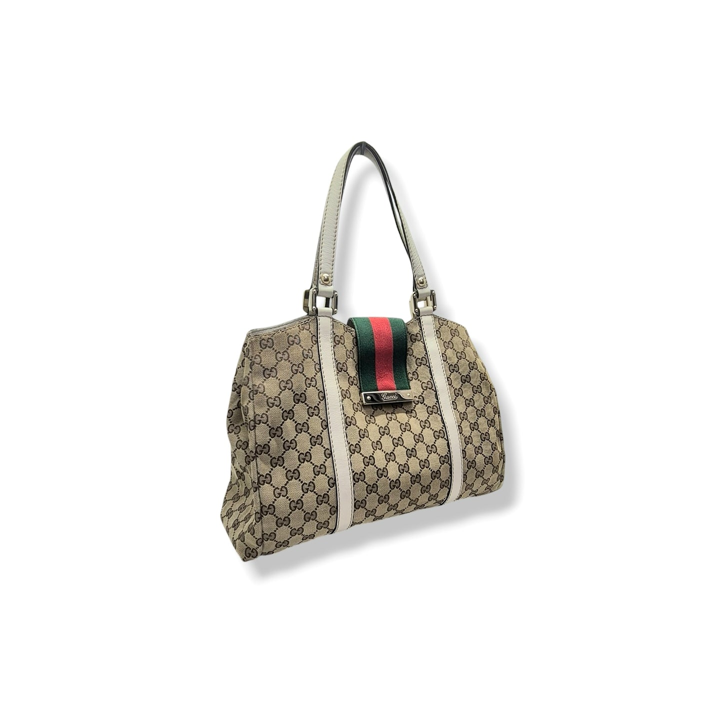 Gucci GG Canvas Sherry Line Shoulder Bag Ghw (Beige/White)