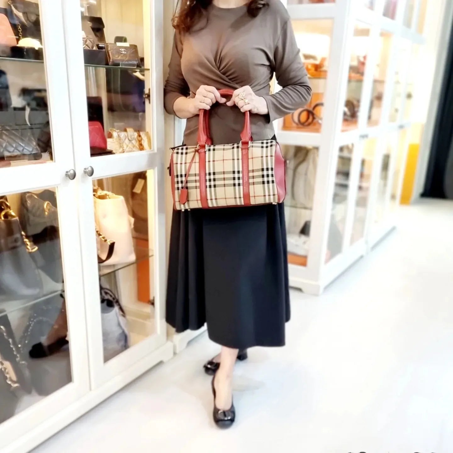 Burberry Alchester Medium Horseferry Check Canvas Boston Bag Ghw (Red)