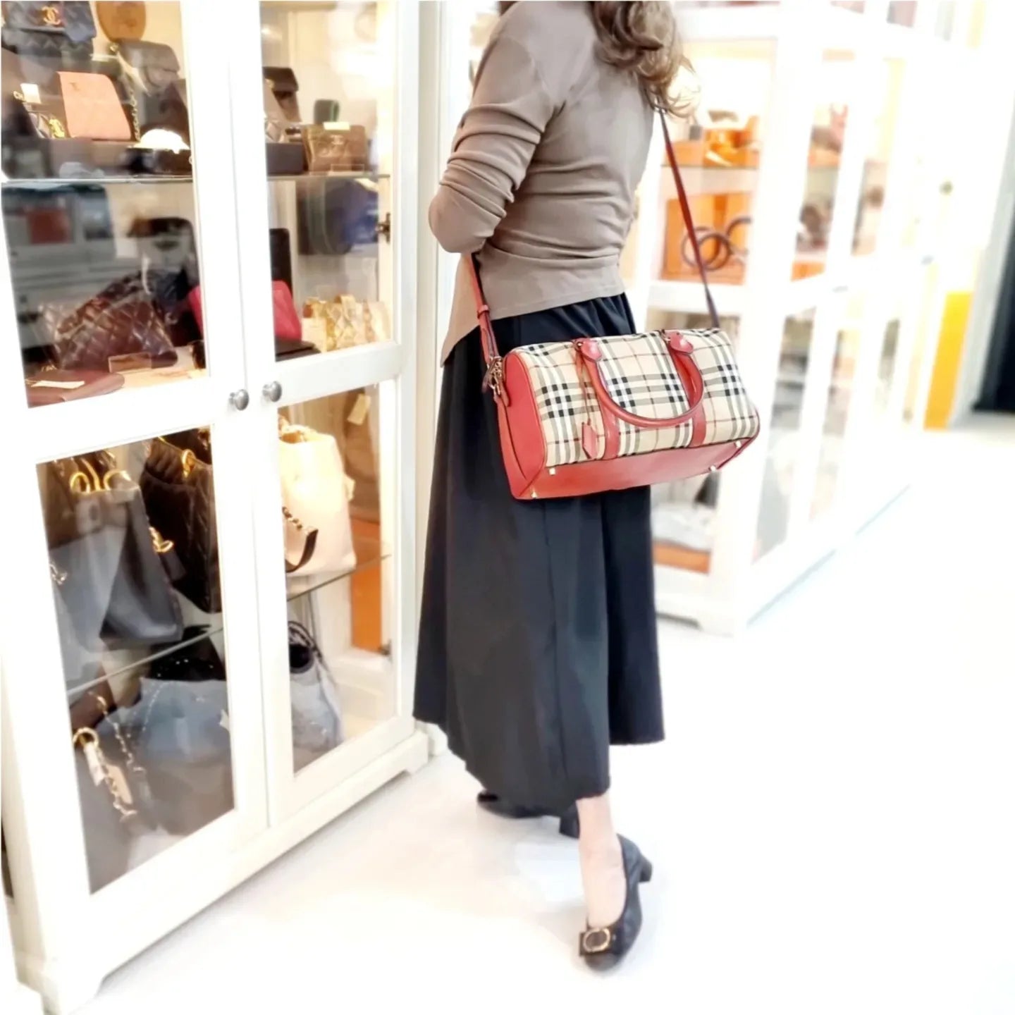 Burberry Alchester Medium Horseferry Check Canvas Boston Bag Ghw (Red)