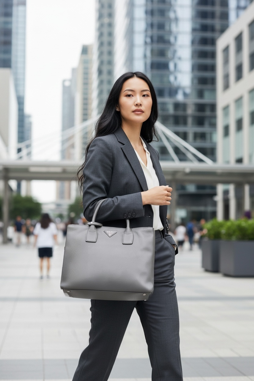 Prada BN2700 Vitello Daino Leather Tote Bag Shw (Grey)