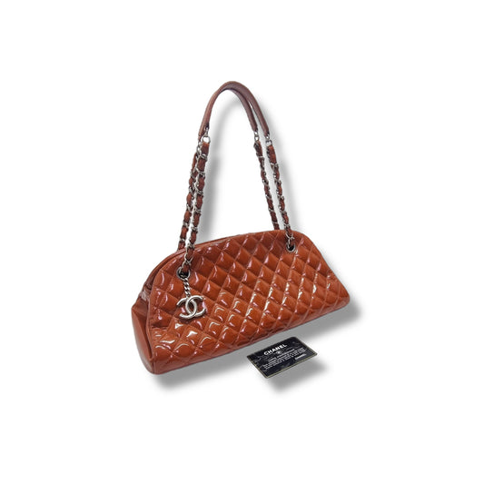 Chanel Mademoiselle Patent Leather Bowler Bag Shw (Brown)