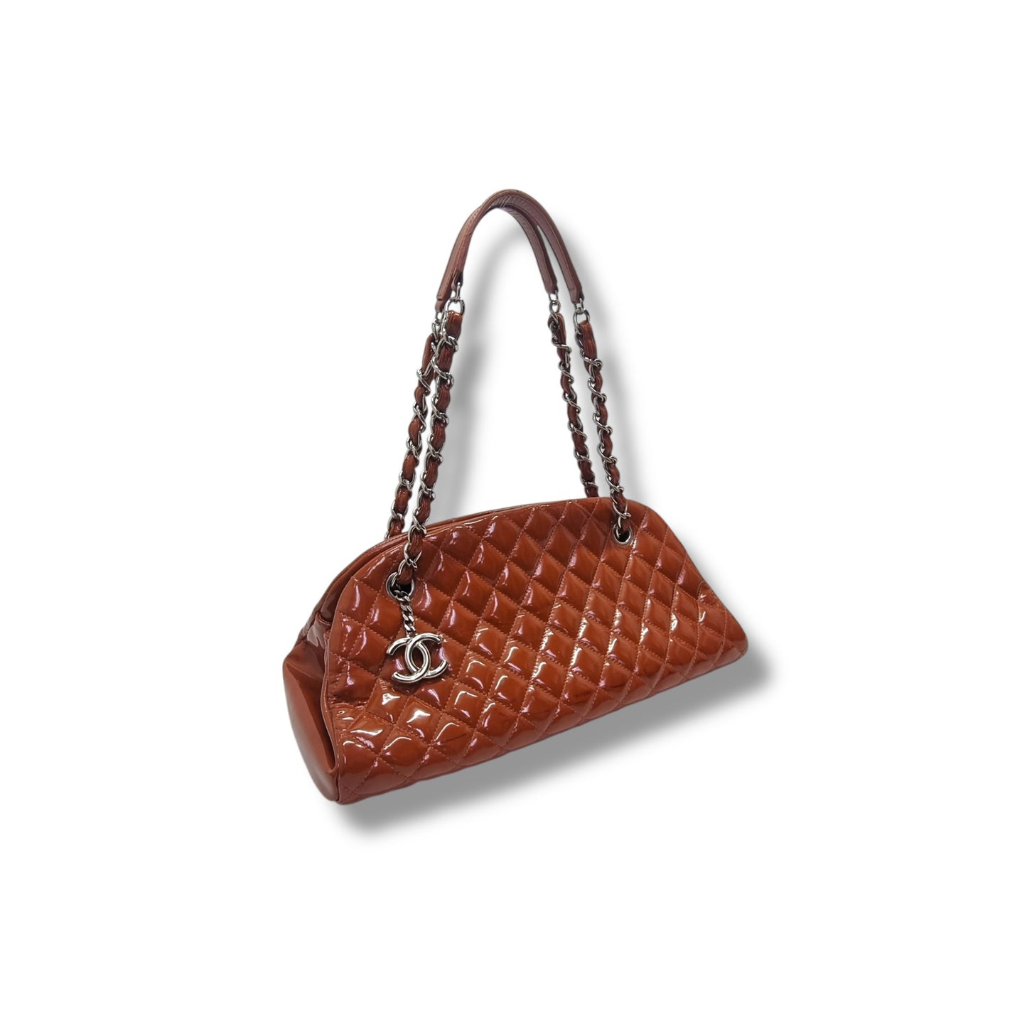 Chanel Mademoiselle Patent Leather Bowler Bag Shw (Brown)