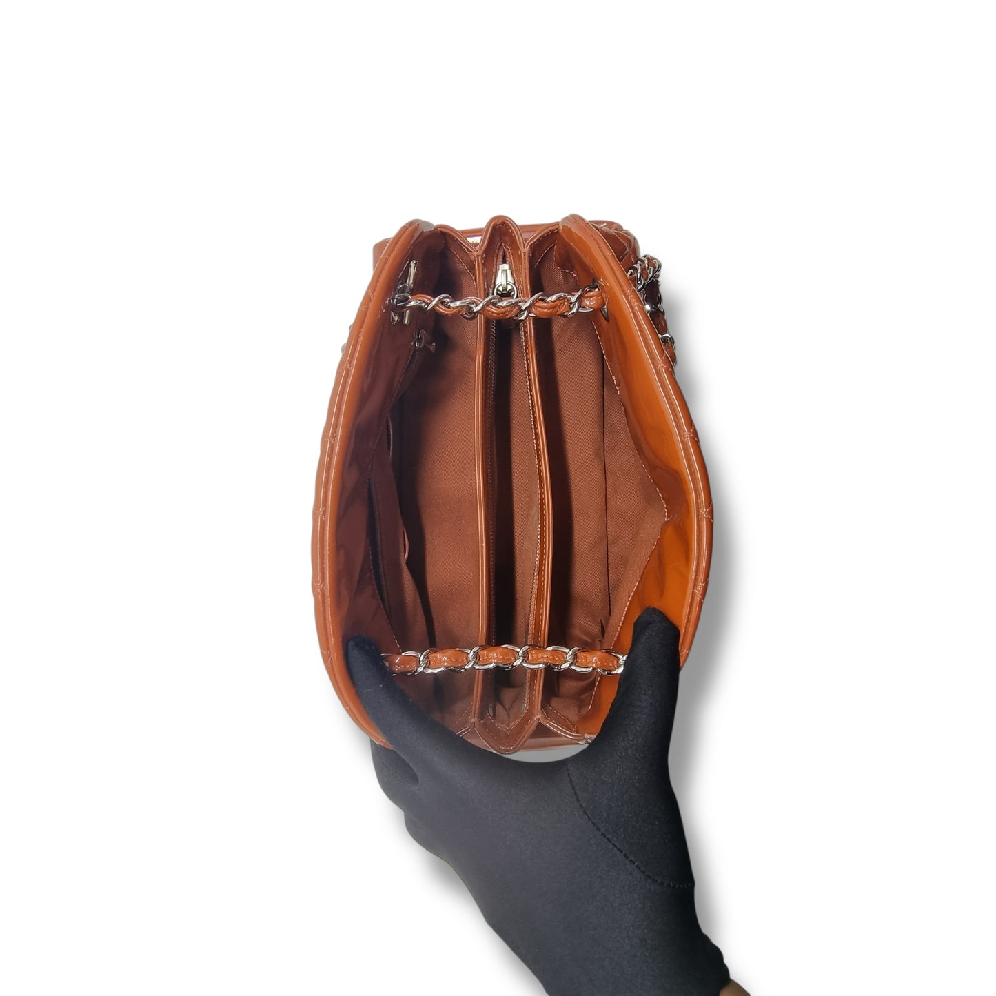 Chanel Mademoiselle Patent Leather Bowler Bag Shw (Brown)