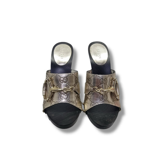 Gucci GG Horsebit Accent Slides Heels (Metallic Silver)