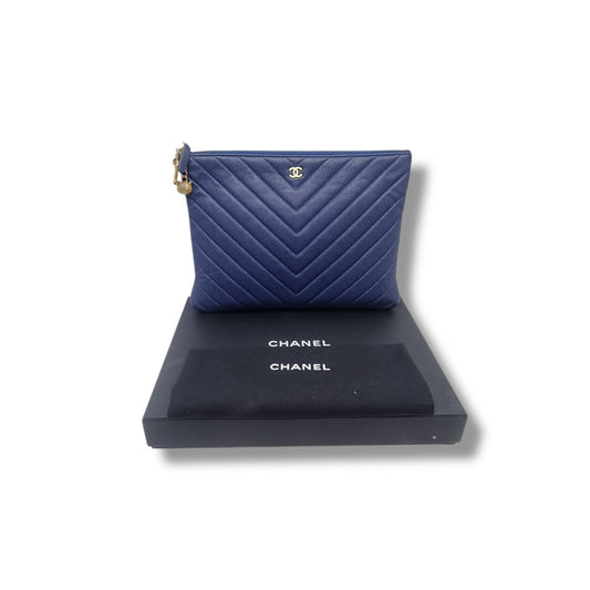 Chanel O Case With Ancient Greek Charm Chevron Quilted Caviar Ghw (Blue)