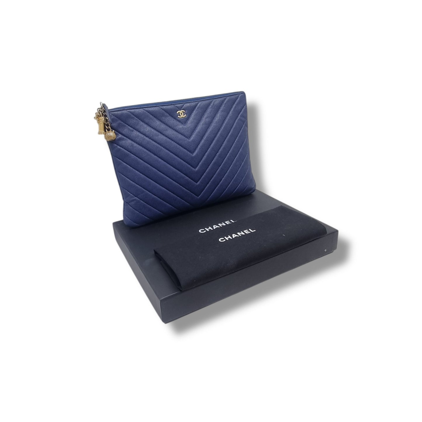 Chanel O Case With Ancient Greek Charm Chevron Quilted Caviar Ghw (Blue)